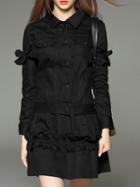 Romwe Black Lapel Pockets Ruffle Denim Dress