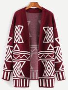 Romwe Burgundy Geo Pattern Open Front Sweater Coat