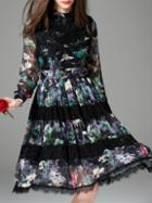 Romwe Black Contrast Eyelash Lace Print Dress