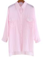 Romwe Lapel Dip Hem With Pockets Vertical Striped Pink Blouse