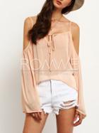 Romwe Pink Spaghetti Strap Bell Sleeve Cold Shoulder Blouse