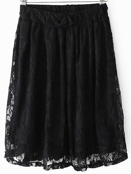Romwe Bow Embellished Lace Black Skirt