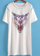 Romwe Tiger Print Long White T-shirt