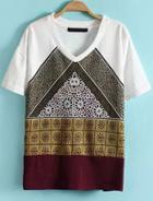 Romwe Multicolor V Neck Vintage Floral T-shirt