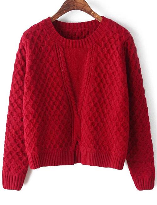 Romwe Plaid Hem Split Red Knit Sweater