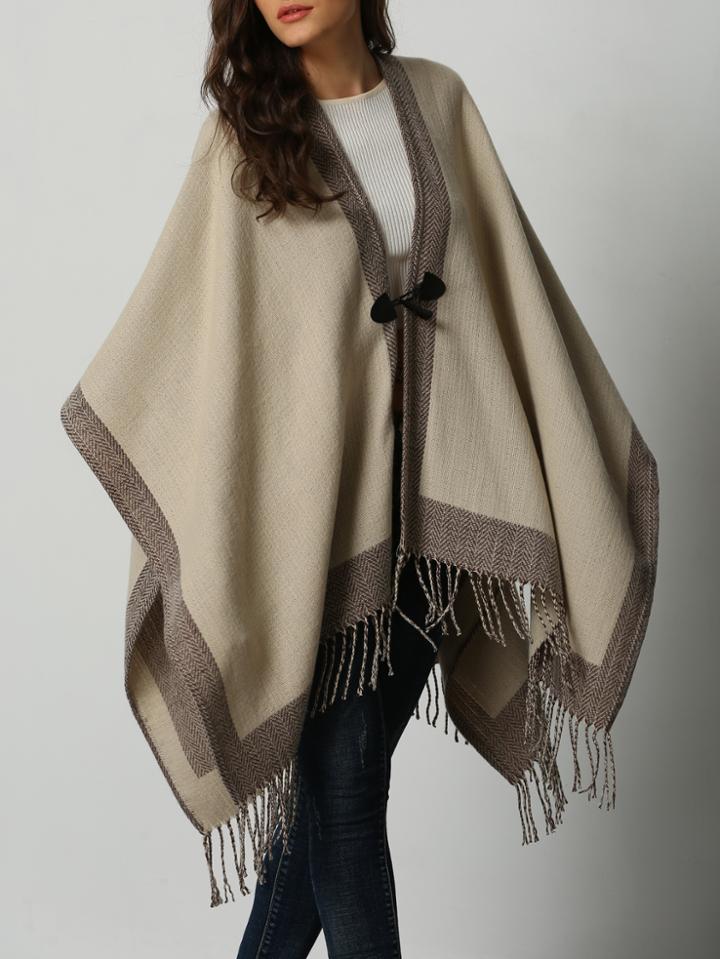 Romwe Fringe Duffle Striped Khaki Cape Coat