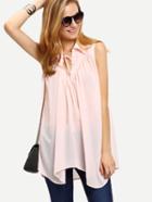Romwe Pink Sleeveless Tie Neck Pleated Loose Blouse