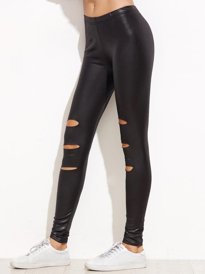 Romwe Black Ripped Faux Leather Leggings