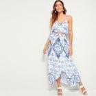 Romwe Scroll Print Ruffle Cami Top With Tie Back Wrap Skirt
