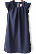 Romwe Navy Ruffle Sleeve Metal Buttons Dress