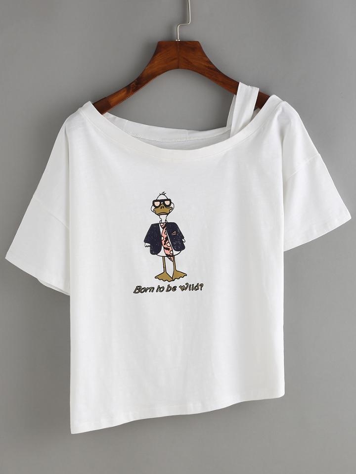 Romwe Duck Print Asymmtric Shoulder T-shirt