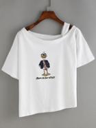 Romwe Duck Print Asymmtric Shoulder T-shirt