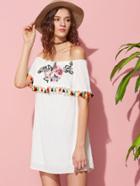 Romwe Embroidery Patch Detail Tassel Trim Flounce Bardot Dress