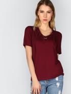 Romwe Burgundy Eyelet Lace Up V Neck T-shirt