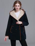 Romwe Navy Contrast Trim Sherpa Hooded Coat