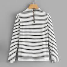 Romwe Striped Zip Up Neck Tee