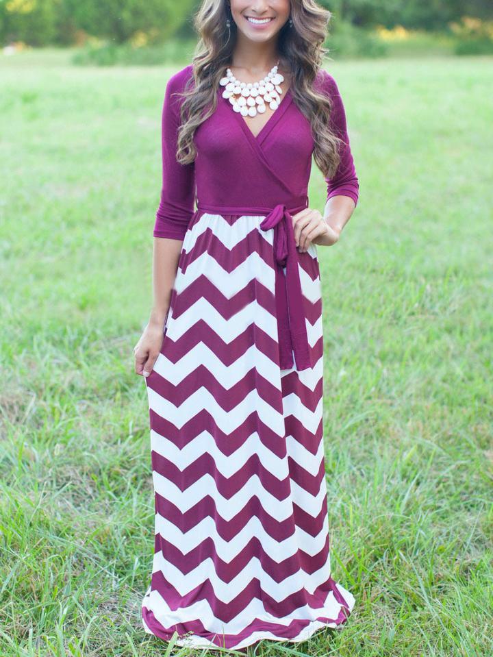 Romwe V Neck Zigzag Maxi Purple Dress