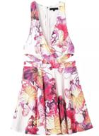 Romwe Deep V Neck Hollow Florals Pleated Dress
