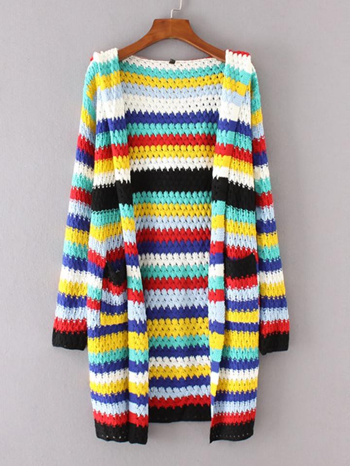 Romwe Block Striped Longline Hooded Cardigan