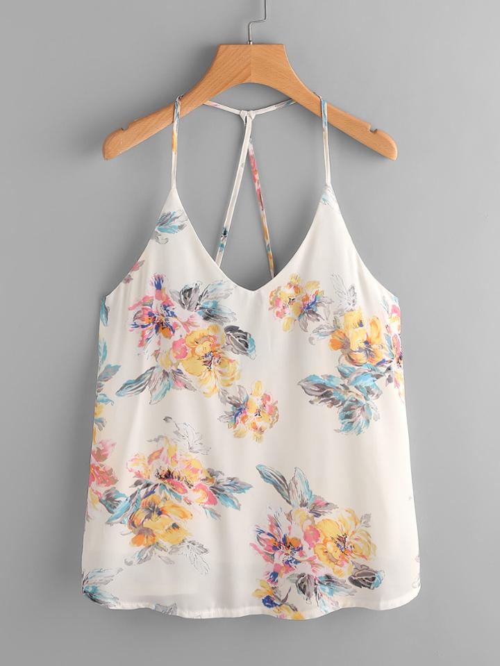 Romwe Floral Print Random Strappy Open Back Cami Top