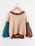 Romwe Contrast Sleeve Patch Side Knit Sweater