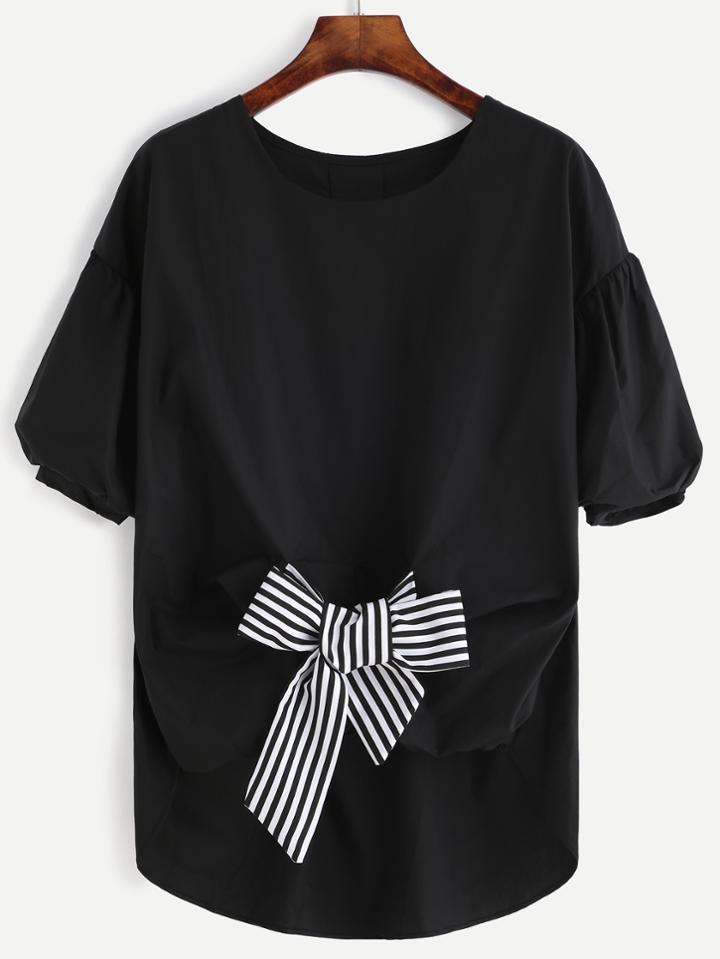 Romwe Black Puff Sleeve Striped Tie Front High Low Blouse