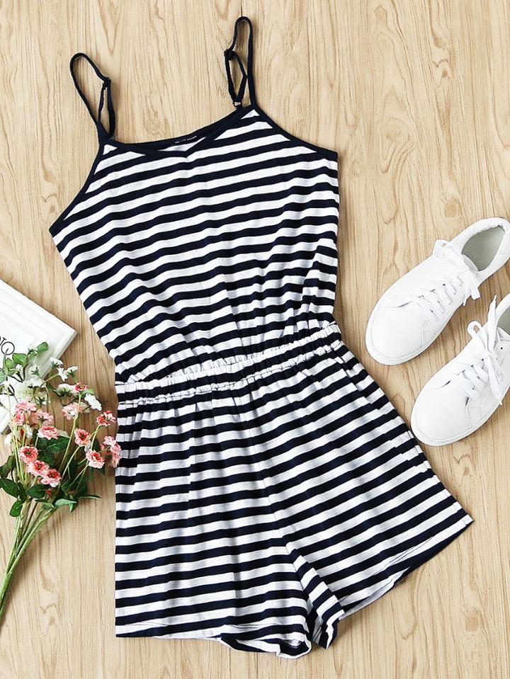 Romwe V Neckline Striped Cami Romper