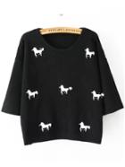 Romwe Women Horse Embroidered Black Sweater