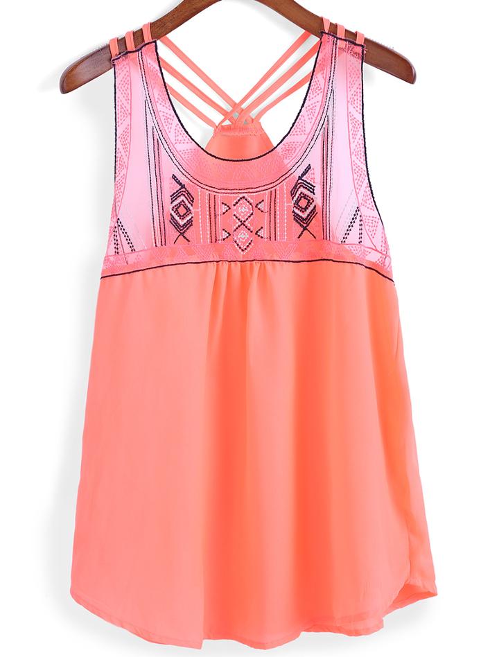 Romwe Y-back With Chiffon Embroidered Tank Top