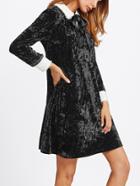 Romwe Contrast Trim Tied Neck Pearl Detail Velvet Dress