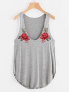 Romwe Curved Hem Slub Tank Top With Embroidered Patches