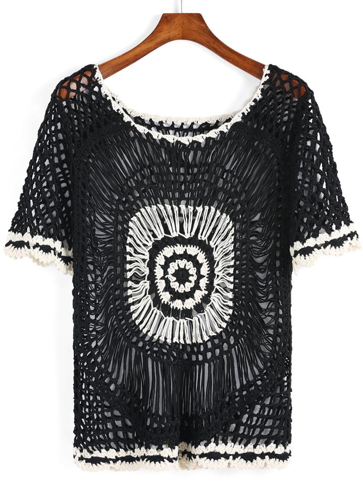 Romwe Short Sleeve Crochet Hollow Black Sweater
