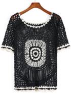 Romwe Short Sleeve Crochet Hollow Black Sweater