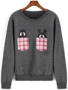 Romwe Cartoon Pattern Pockets Grey Sweatshirt