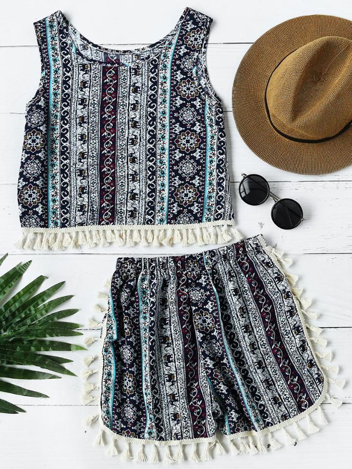 Romwe Aztec Print Fringe Hem Tank Top With Shorts