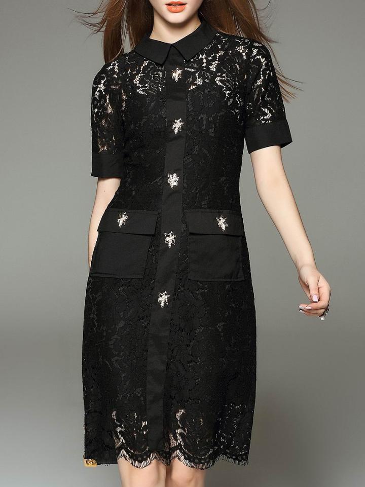 Romwe Black Pockets Scallop Lace Knee Length Dress