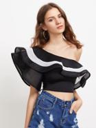 Romwe Asymmetrical Off Shoulder Layered Frill Trim Crop Top