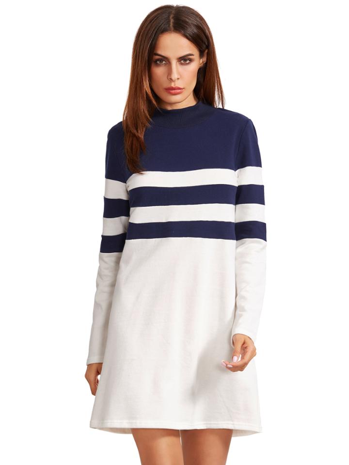 Romwe Navy Round Neck Long Sleeve Tee Dress
