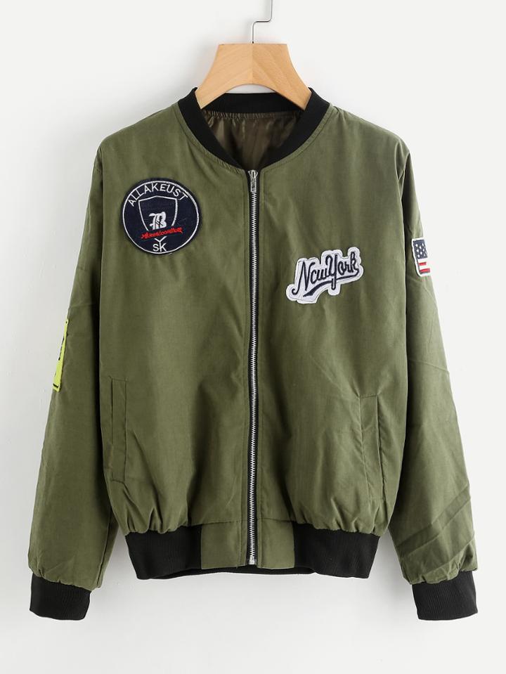 Romwe Badge Detail Zip Up Jacket