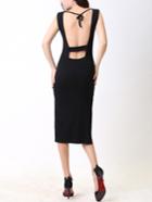 Romwe V Neck Cutout Back Side Slit Black Dress