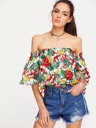Romwe Floral Print Off The Shoulder Top