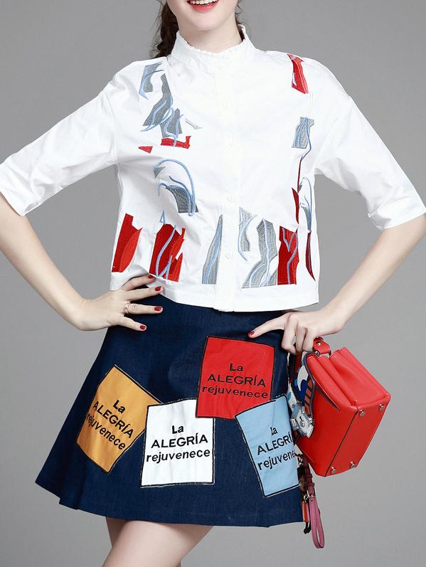 Romwe White Navy Top With Embroidered Skirt