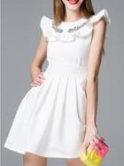 Romwe White Ruffle Sleeve Beading Pleated Dress