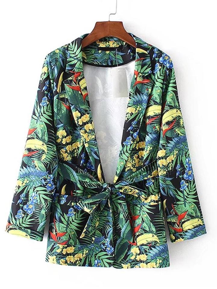 Romwe Notch Lapel Tropical Print Blazer With Self Tie