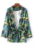 Romwe Notch Lapel Tropical Print Blazer With Self Tie