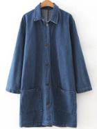 Romwe Blue Slit Back Boyfrind Knee Length Denim Coat