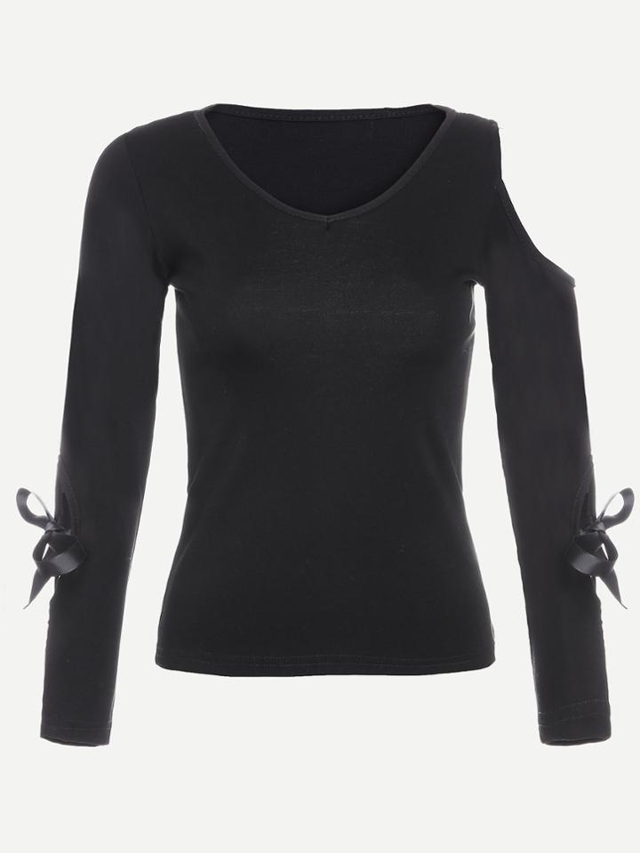 Romwe Black Asymmetric Open Shoulder Tie Sleeve Detail Tight T-shirt