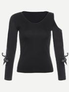 Romwe Black Asymmetric Open Shoulder Tie Sleeve Detail Tight T-shirt