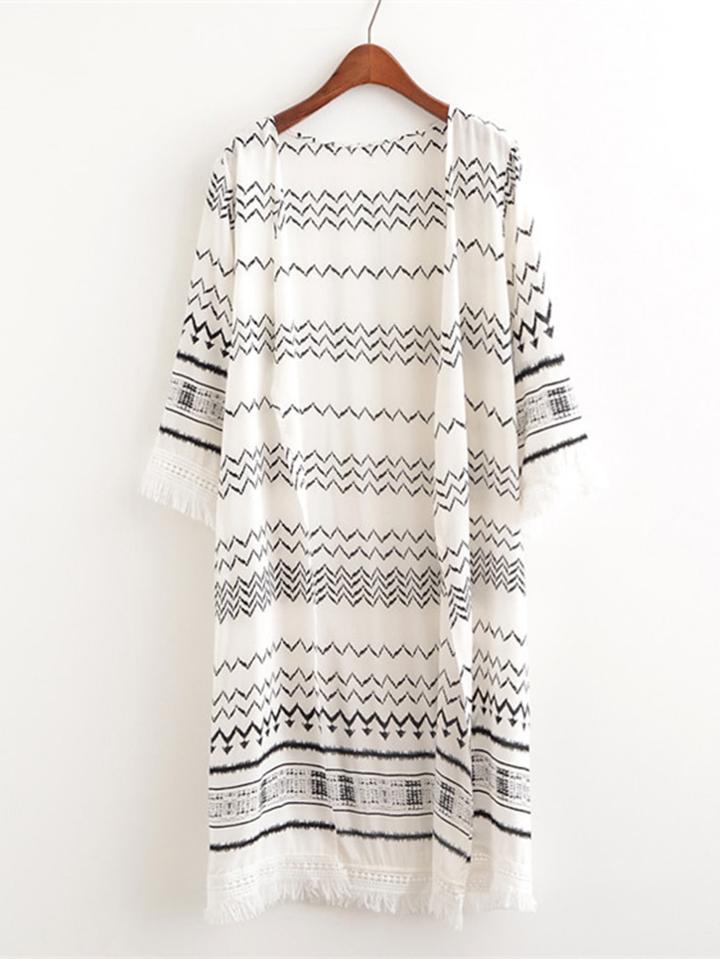 Romwe Chevron Print Fringe Trim Cover Up