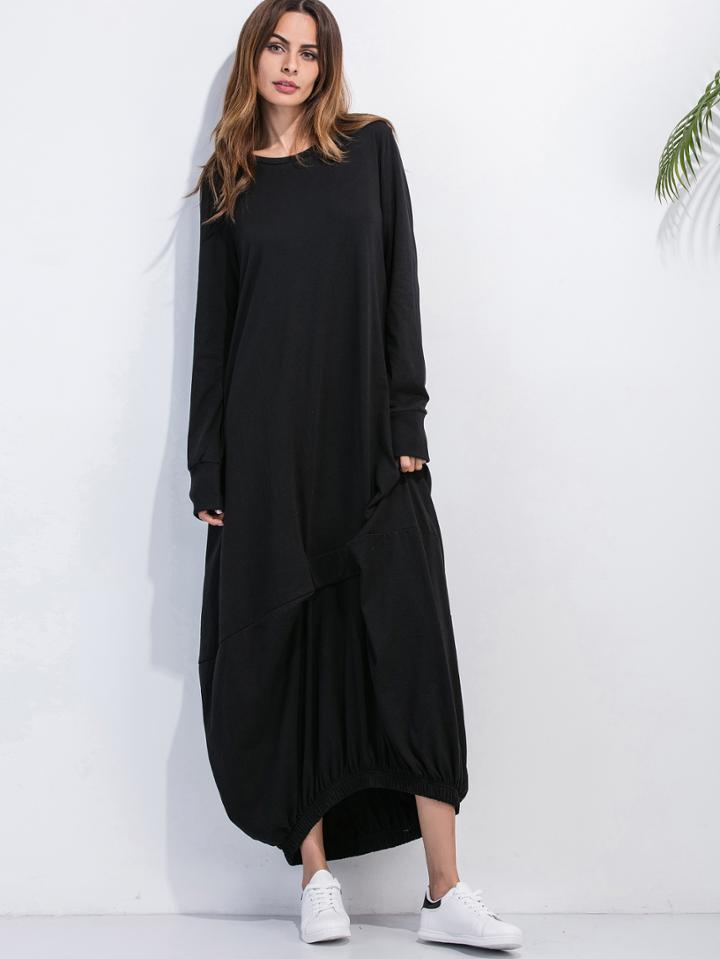 Romwe Black Elastic Hem Shift Dress